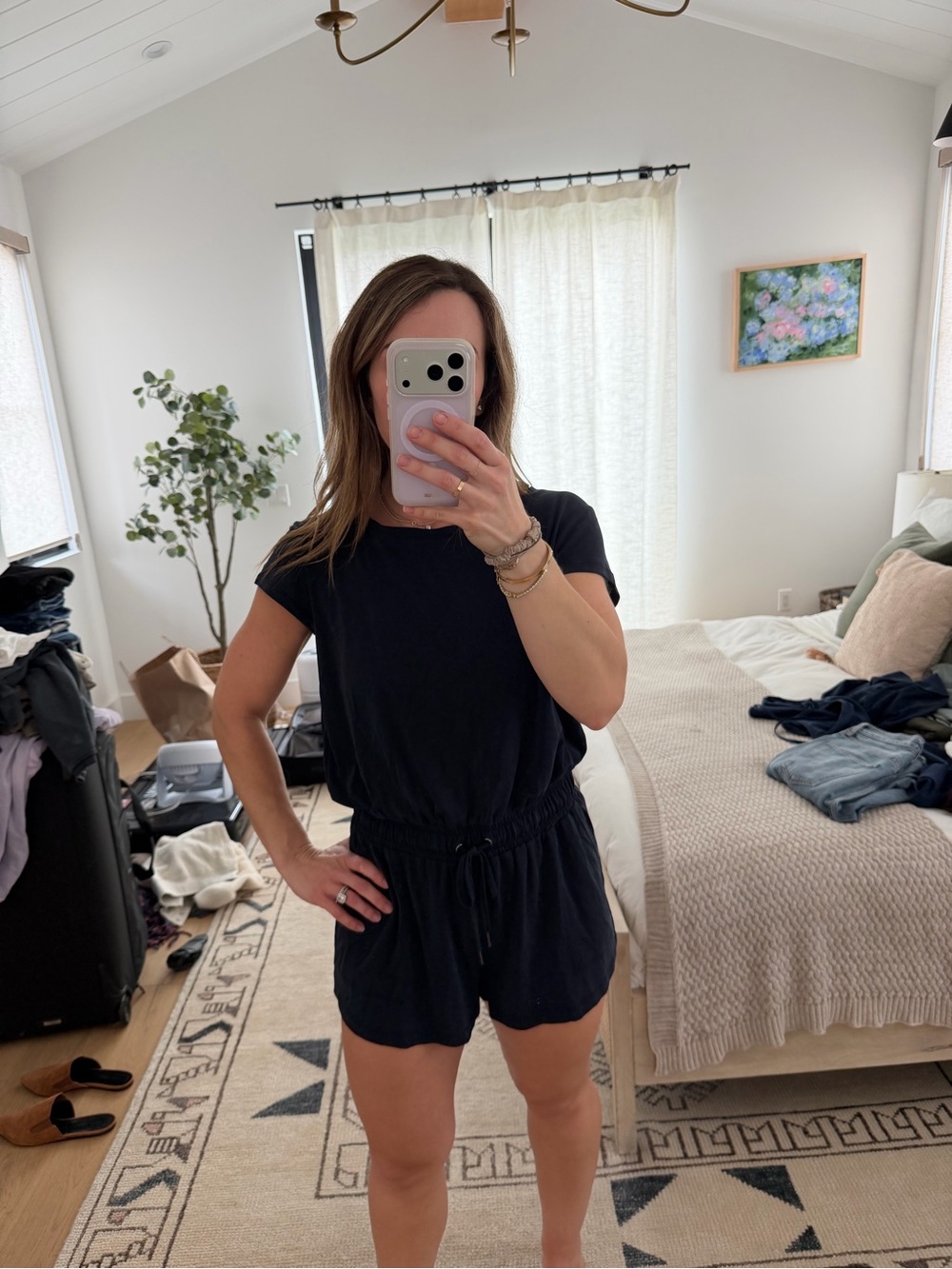 Splendid Navy Short Sleeve Drawstring Romper - Effortless Everyday